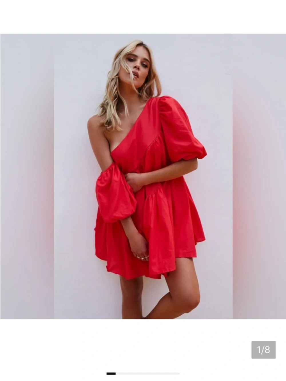 Showpo. Harleen Mini Dress One-Shoulder Red Mini Dress Puff Sleeve NWT - Picture 1 of 5
